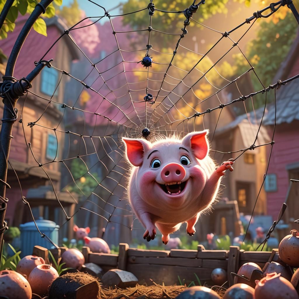 Cheerful Spider and Happy Pig: 3D Digital Art
