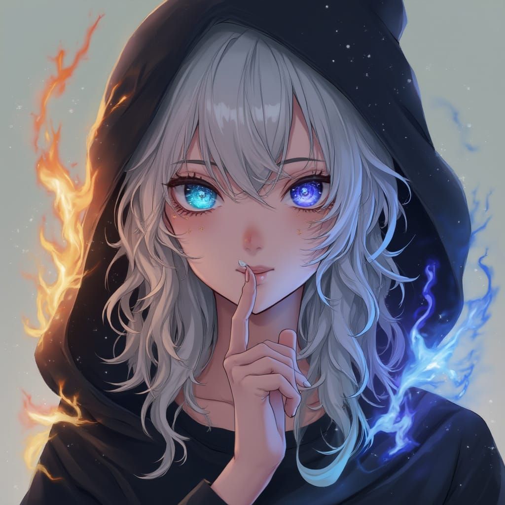 Mysterious Cosmic Goddess with Glowing Eyes and Dual Flames