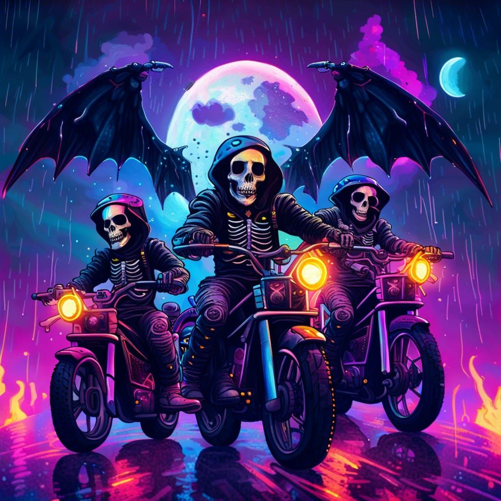Cyberpunk Skeletons Ride Under Fire Rain