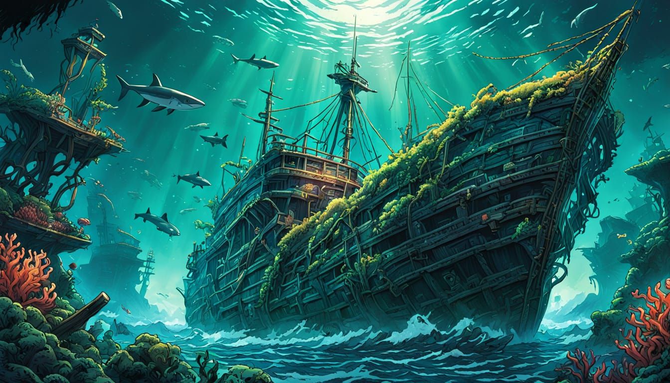 Vibrant Shipwreck Scene in Comic Book Style