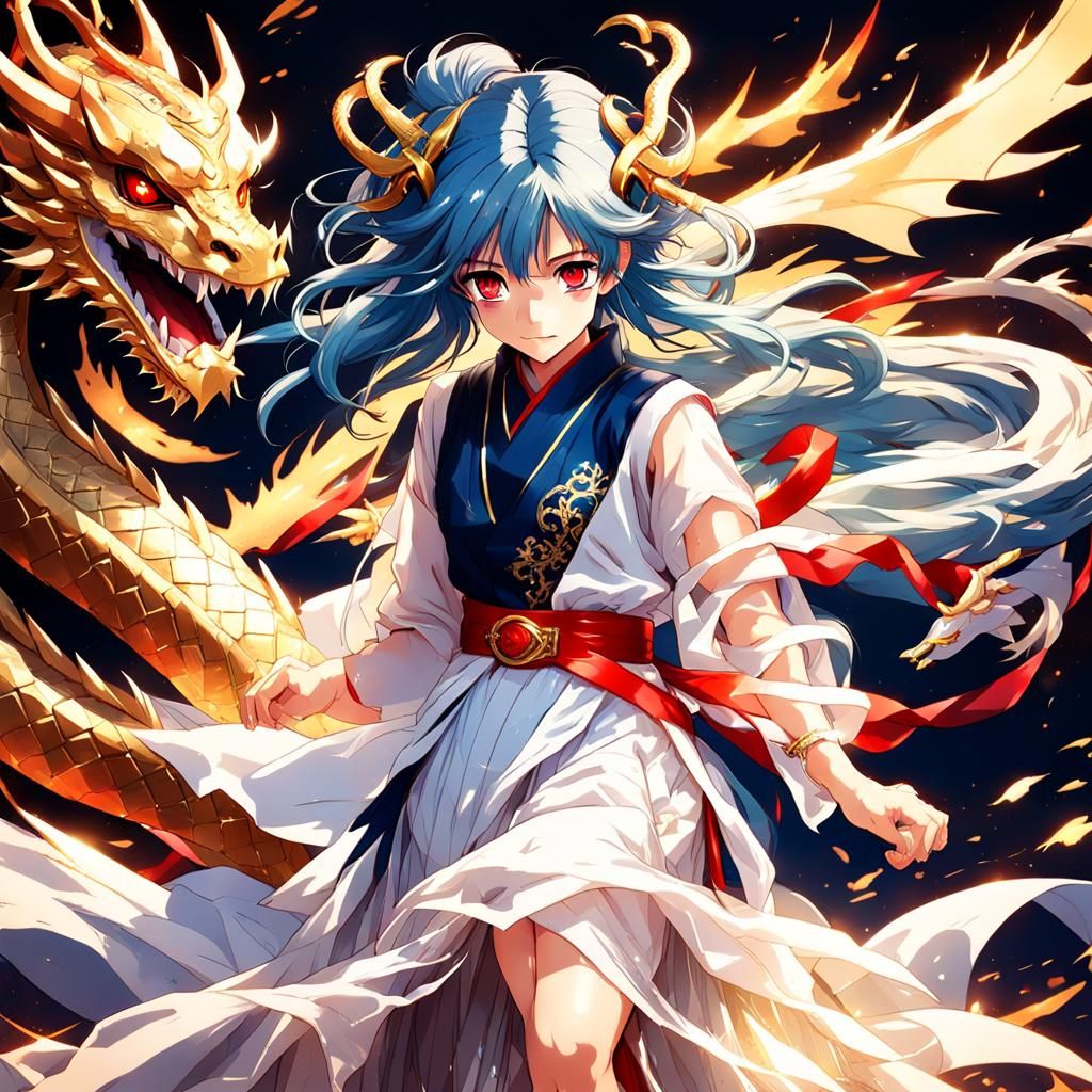 Anime Dragon Goddess with Golden Dragon