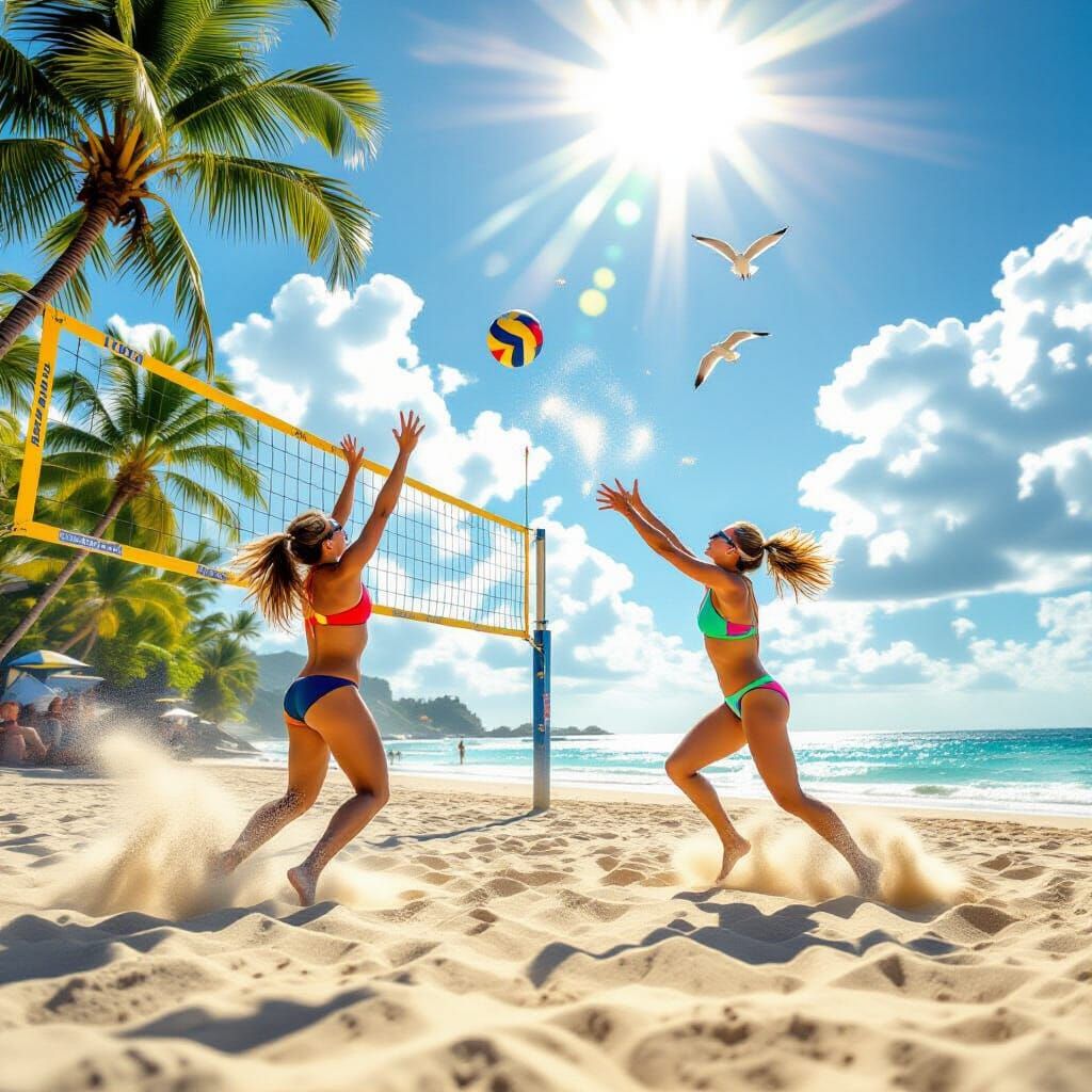 Tropical Beach Volleyball Match with Dynamic Action Lens
