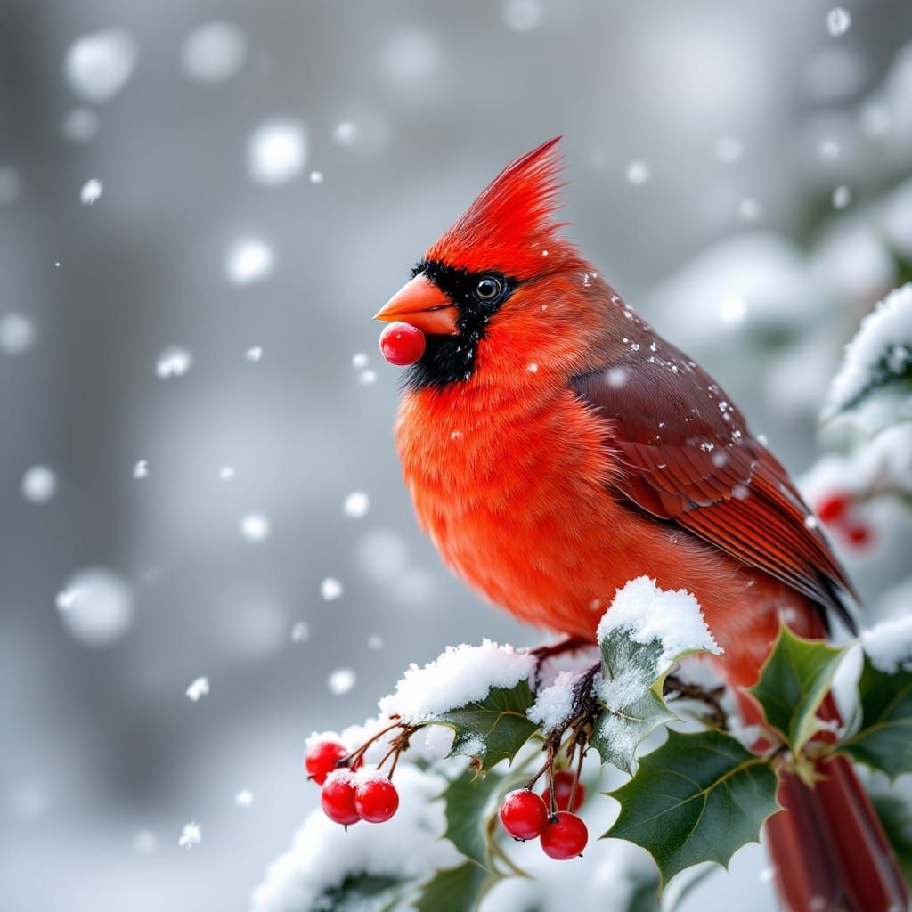 Regal Red Cardinal Perches on Snowy Holly Branch