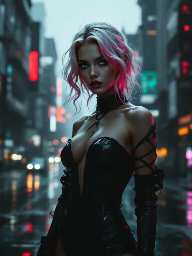 Blond Pin-Up Woman in Fiery Urban Glow