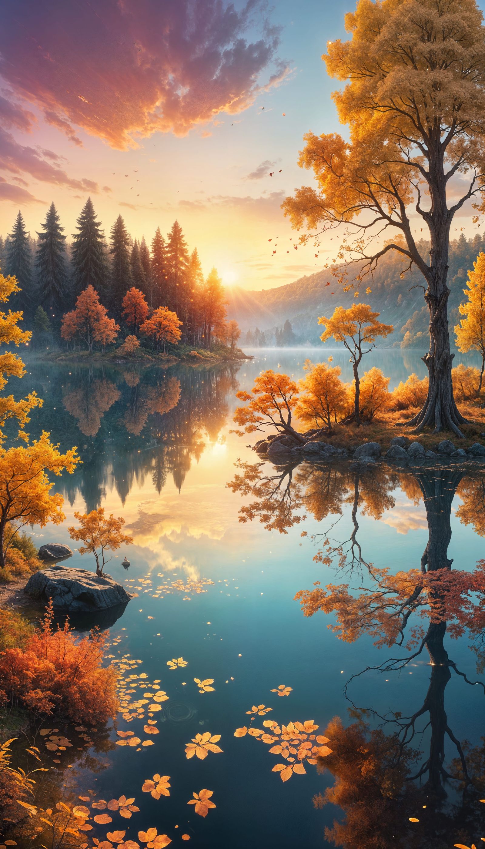 Mystical Sunset Over Serene, Otherworldly Landscape with Ref...