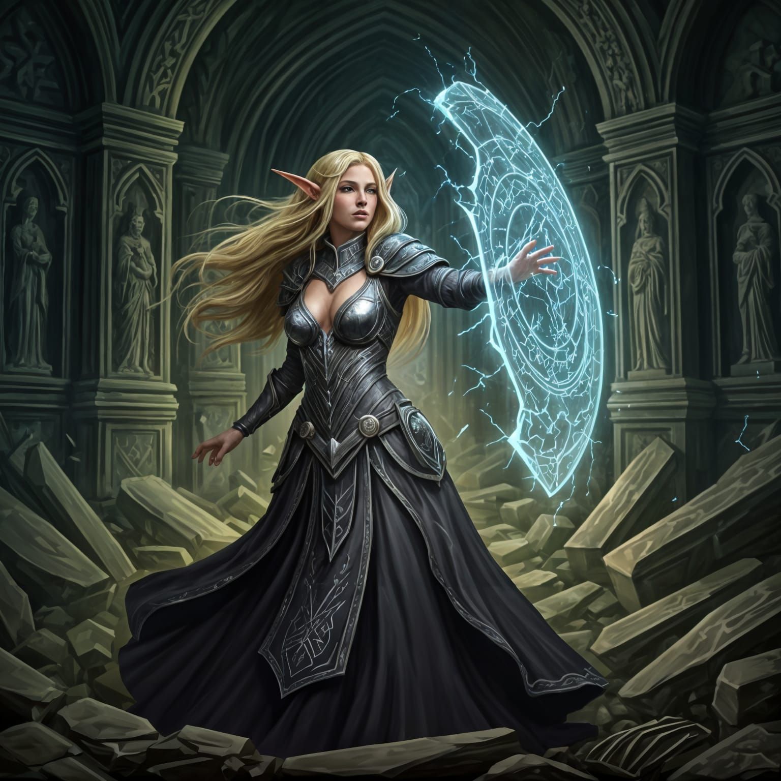 Half-Elf Wizard Conjuring Force Shield in Crypt