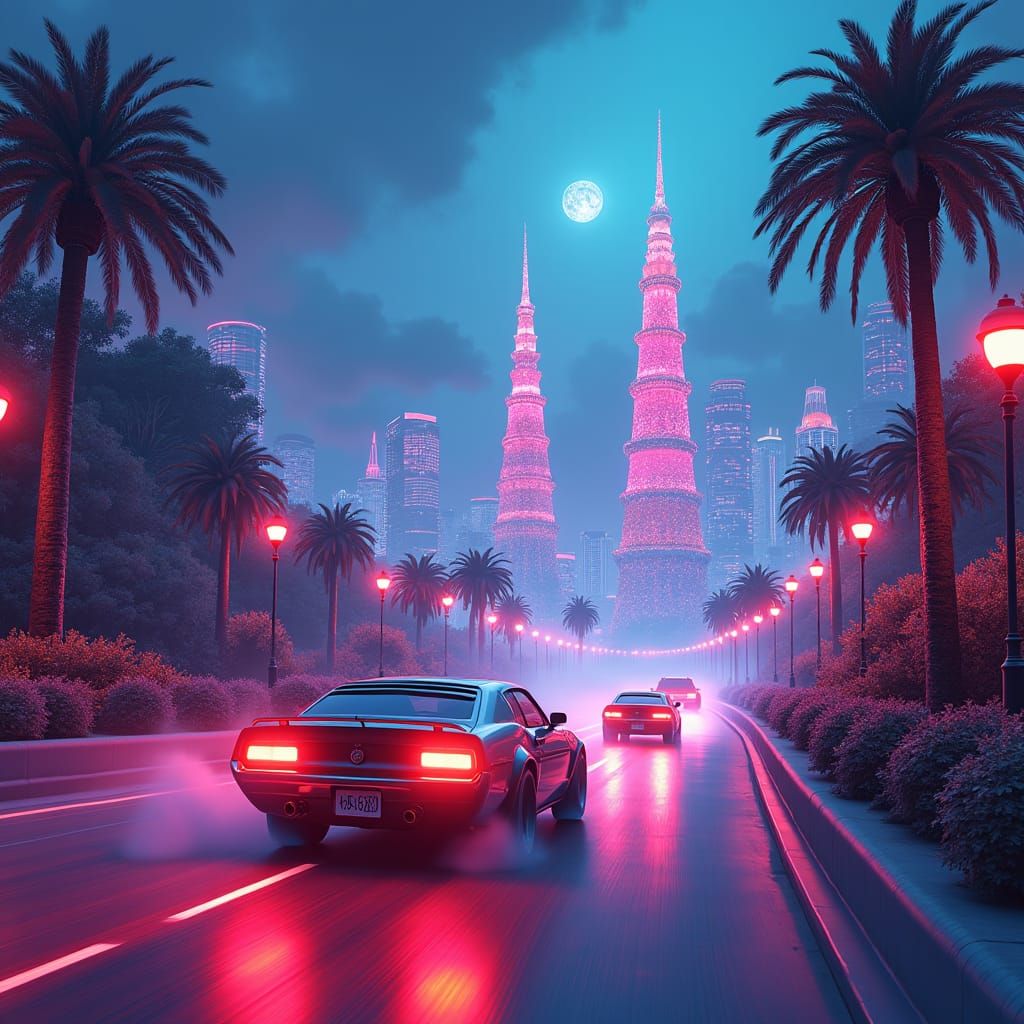 Neon Cars Speeding Through Dreamlike Cityscape