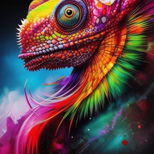 Colorful Chameleon with Red Lightning, Digital Art