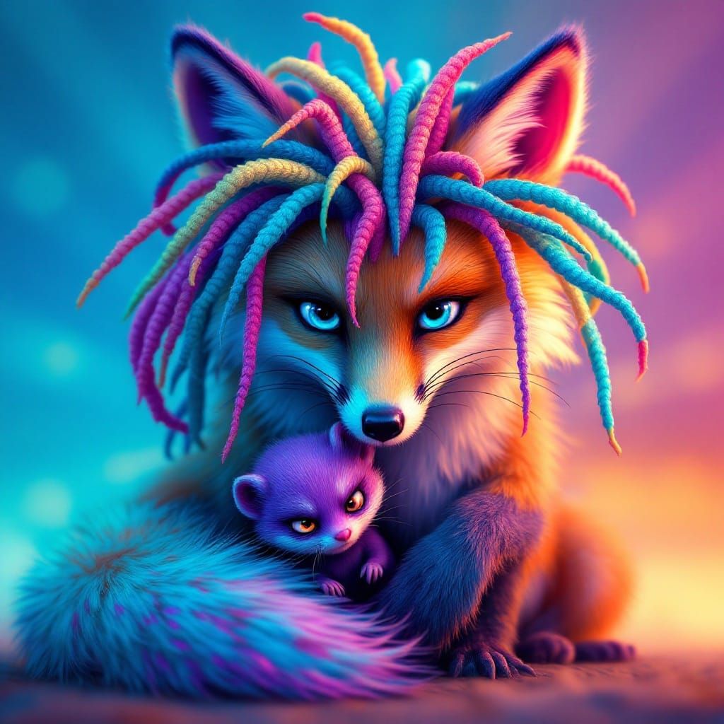 Majestic Fox with Multicolored Dreadlocks and Purple Weasel ...