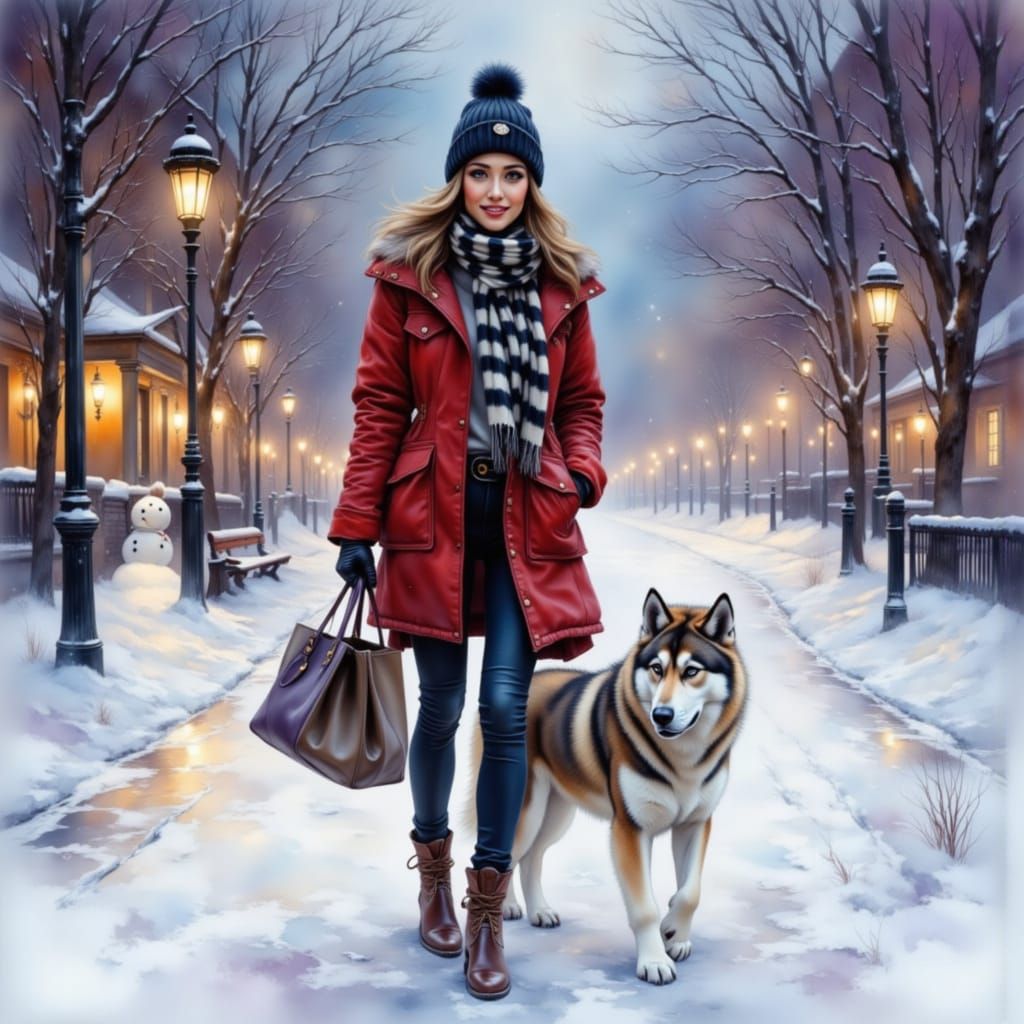 Snowy Night Dog Walk