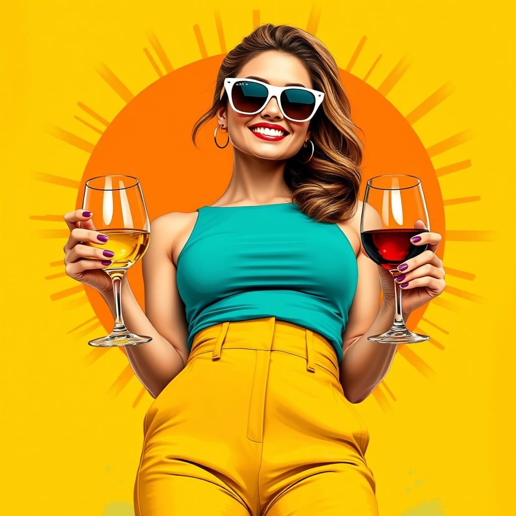 Confident Woman in Vibrant Attire, Holding Wine Glasses