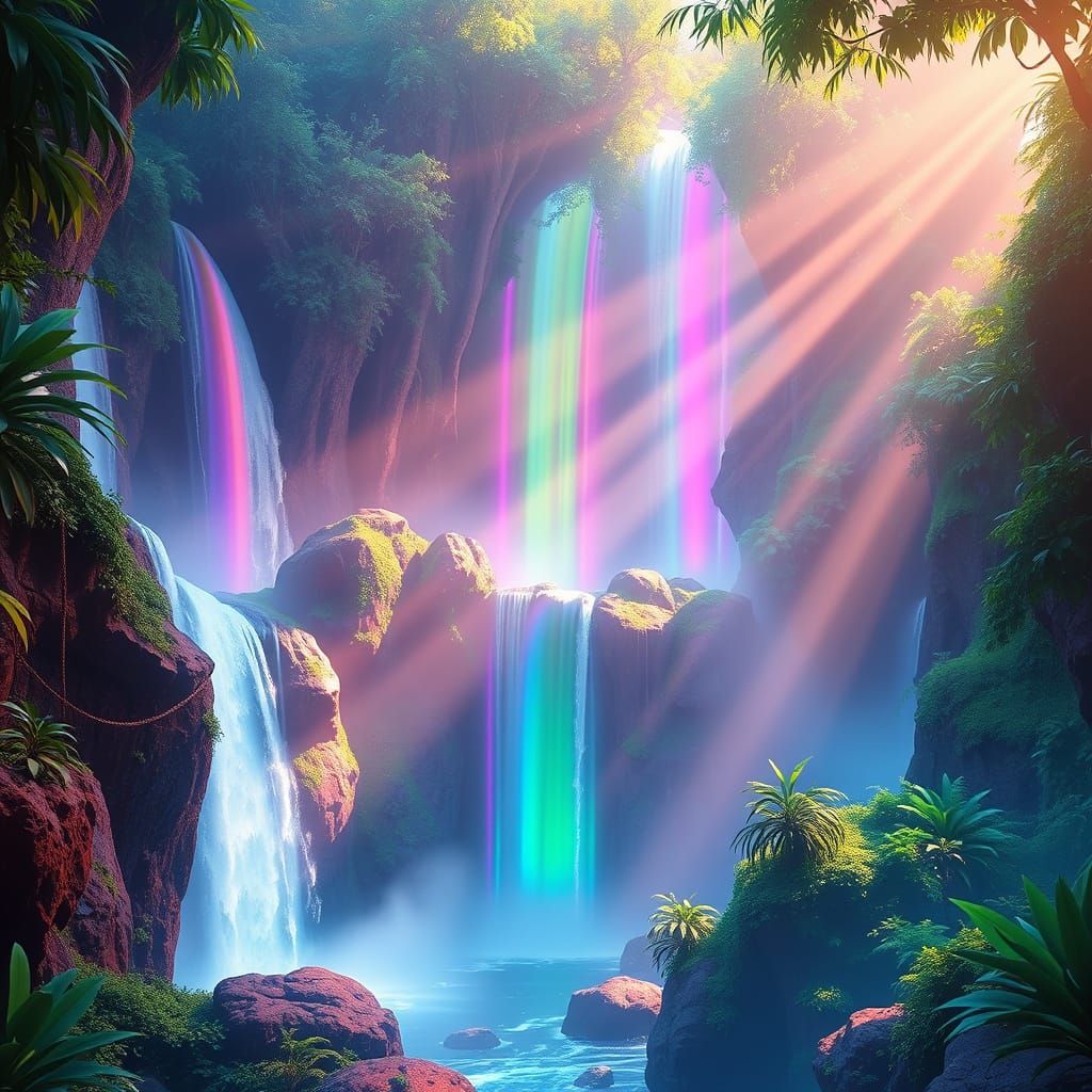 Surreal 3D Waterfalls in a Futuristic Utopian Landscape