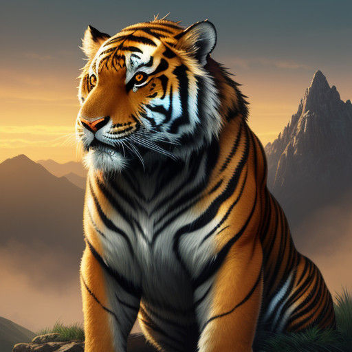 Vibrant Tiger Dominates Misty Mountain Peak in Triadic Oil P...