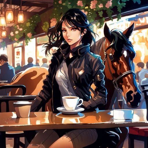 Modern Woman Drinks Coffee on Horse, Ink Art