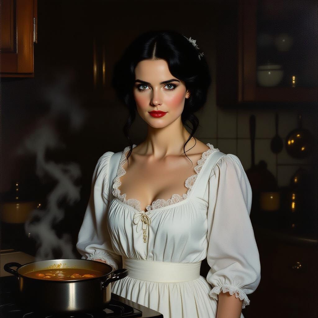 Victorian Woman in Kitchen, Oil Painting Style