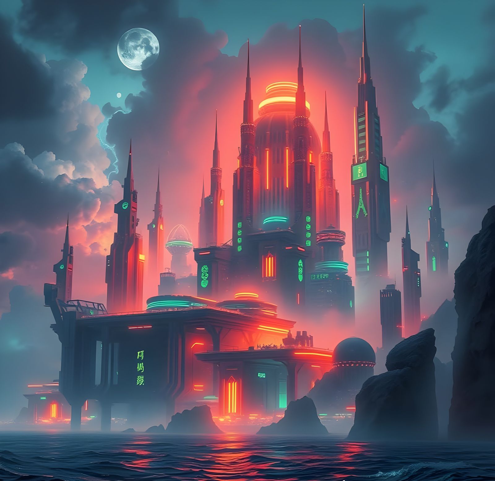 Neon Lit Futuristic City on the Ocean
