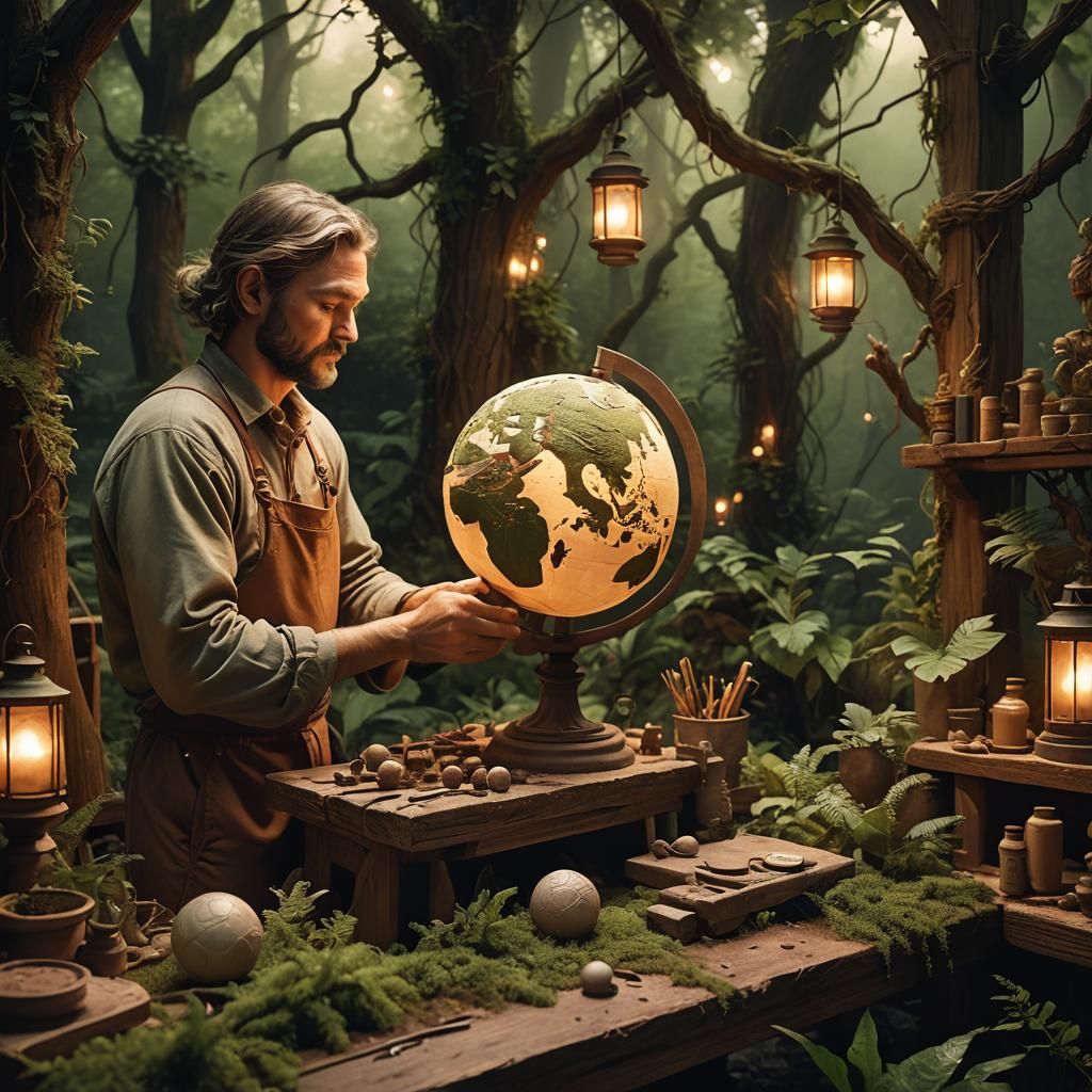 Clay Artist Creates Globe in Moonlit Forest