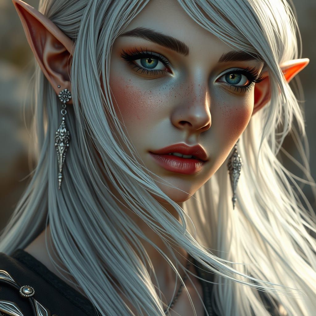 Hyper-Realistic Elven Woman in Futuristic Elegance