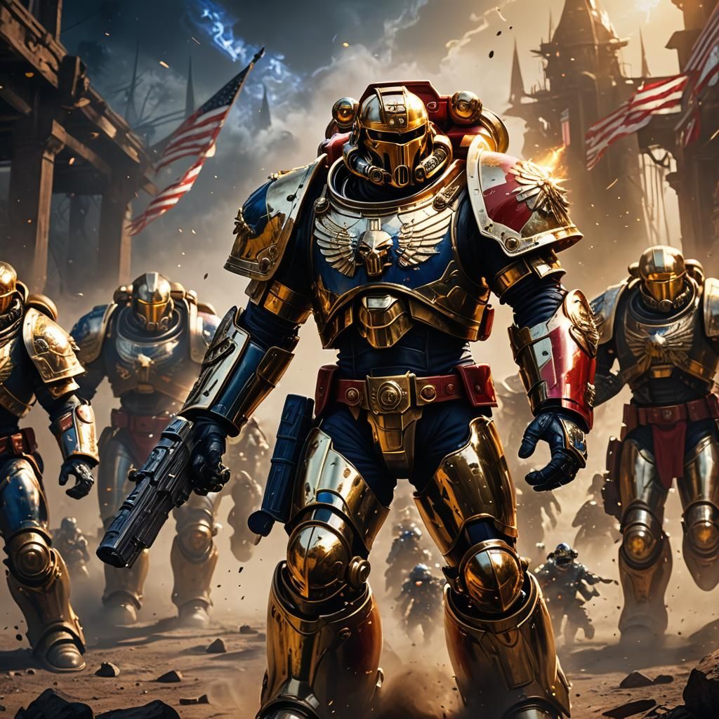 American Space Marine Leading Charge in Golden Age Style