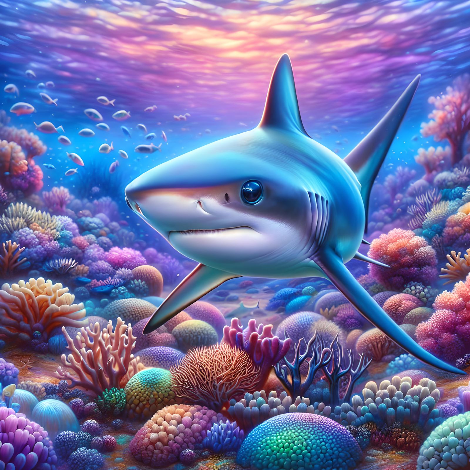 Iridescent Baby Shark in Coral Reef: Digital Painting
