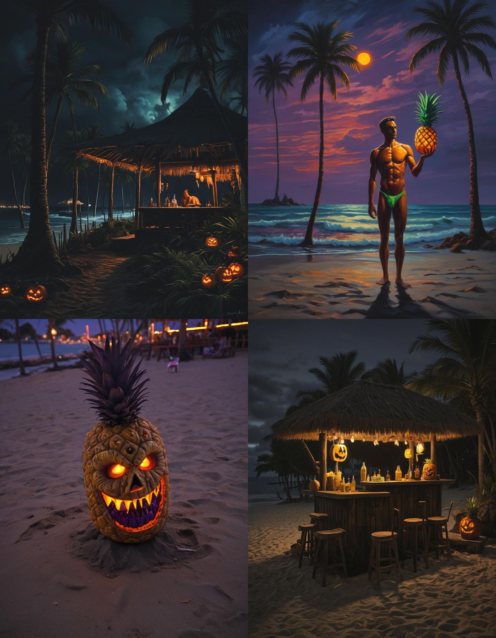 Tropical Tiki Bar with Jack-o'-Lanterns at Night