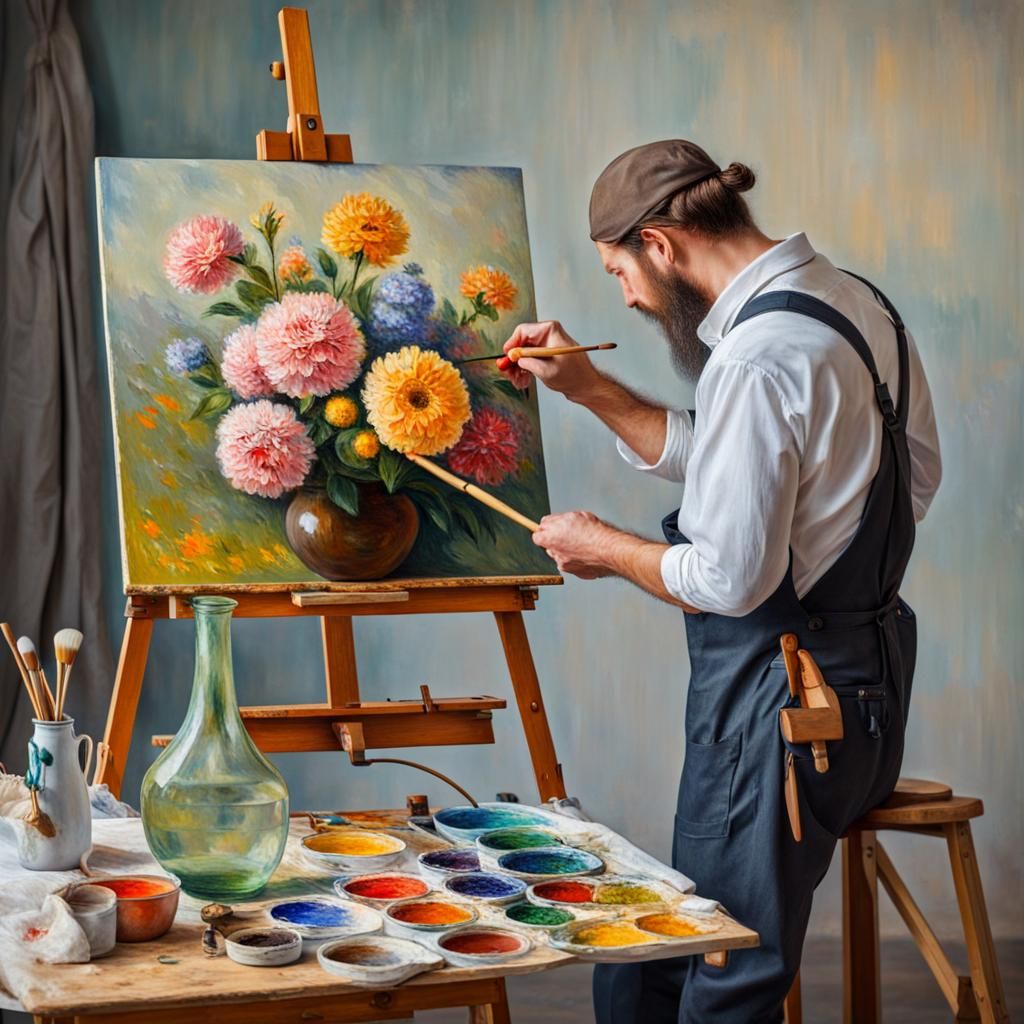 Painter Creates Flower Vase Still Life: Impressionism