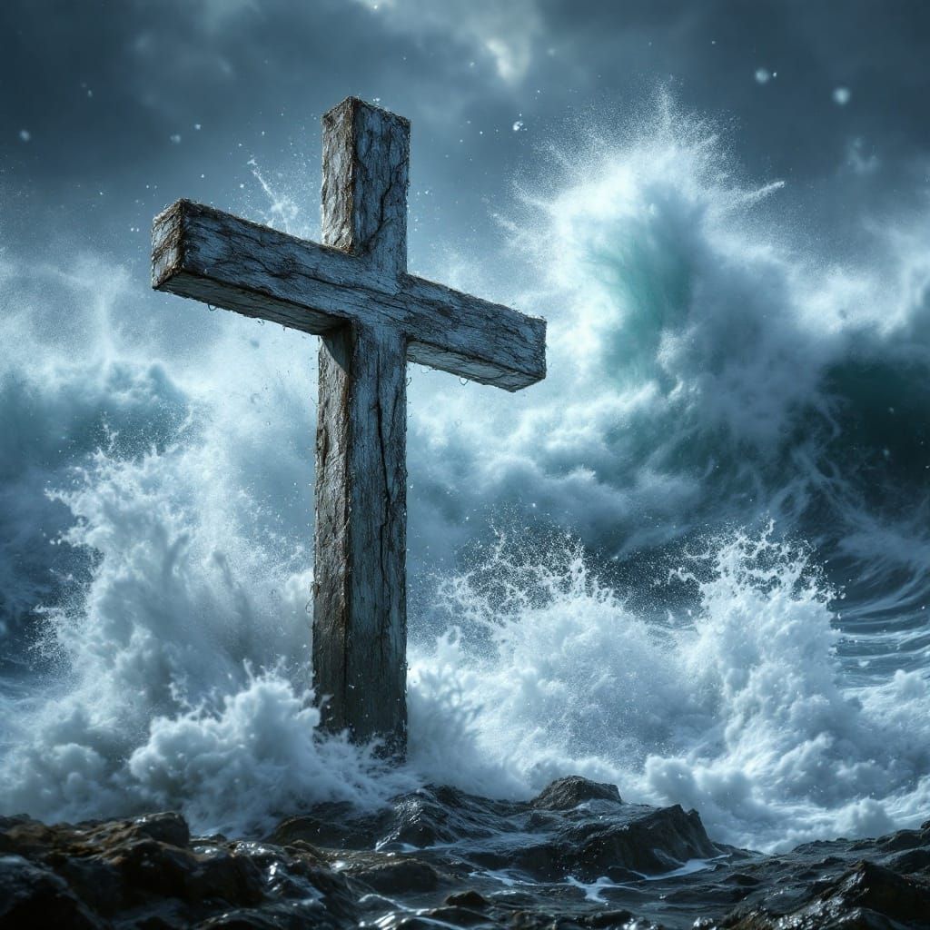 A Weathered Christian Cross Amidst Turbulent Waves