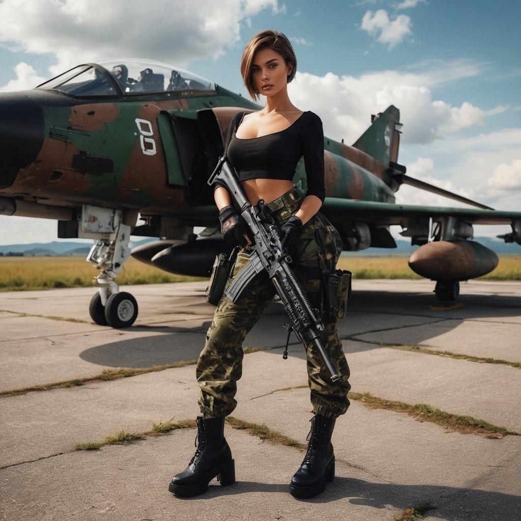 Seductive Model with Machine Gun Before Aircraft