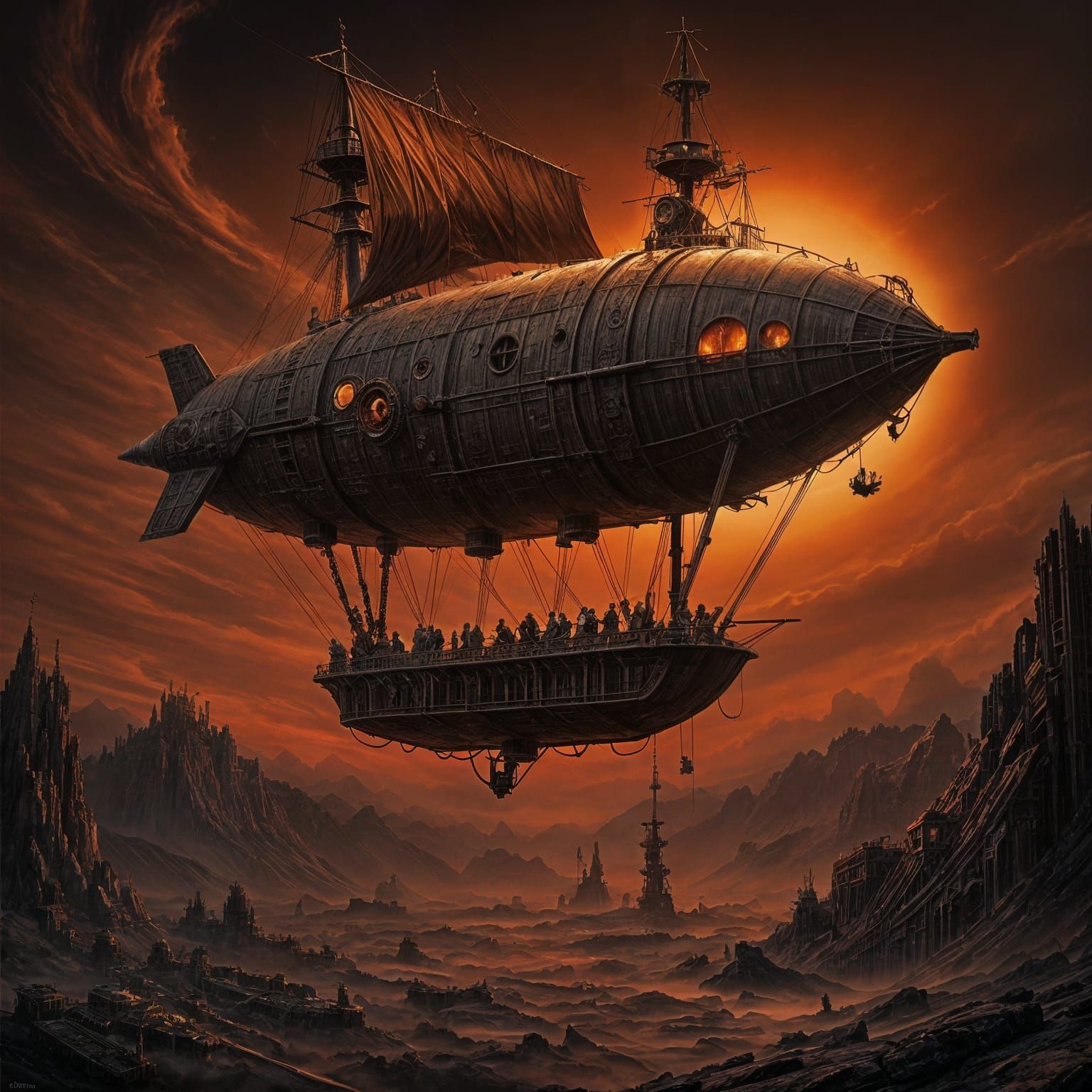 Gothic Airship Over Wasteland in Dark Fantasy Style
