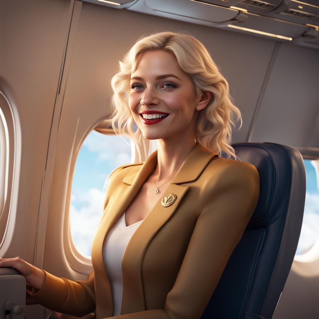 Happy Blonde Lady Flying Business Class