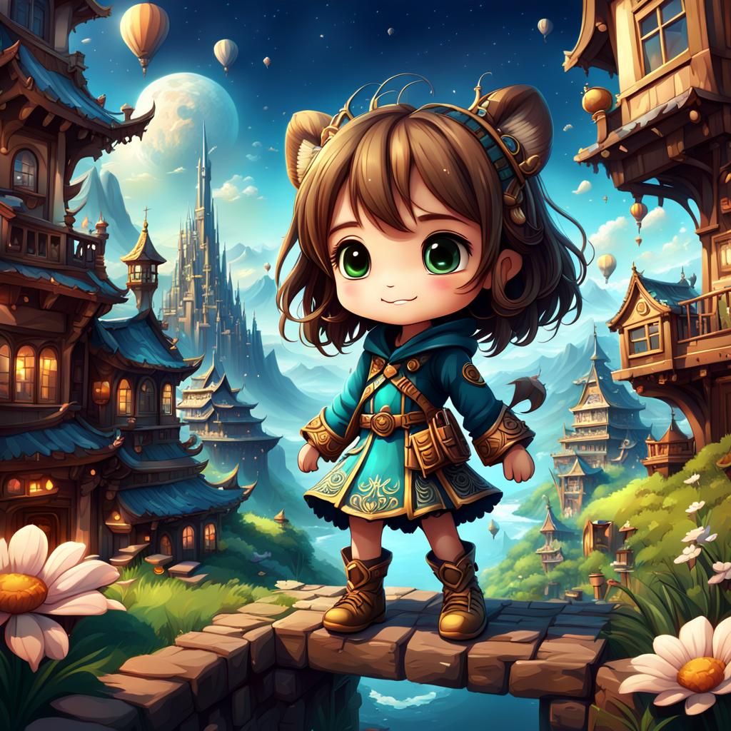 Detailed Chibi Character with Breathtaking Views