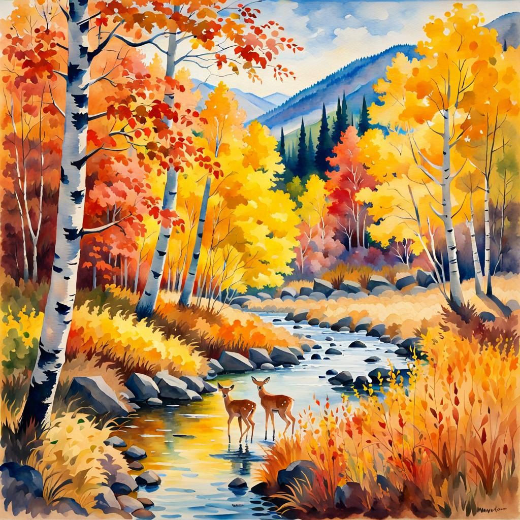 Autumn Landscape with Deer in Impressionist Watercolor