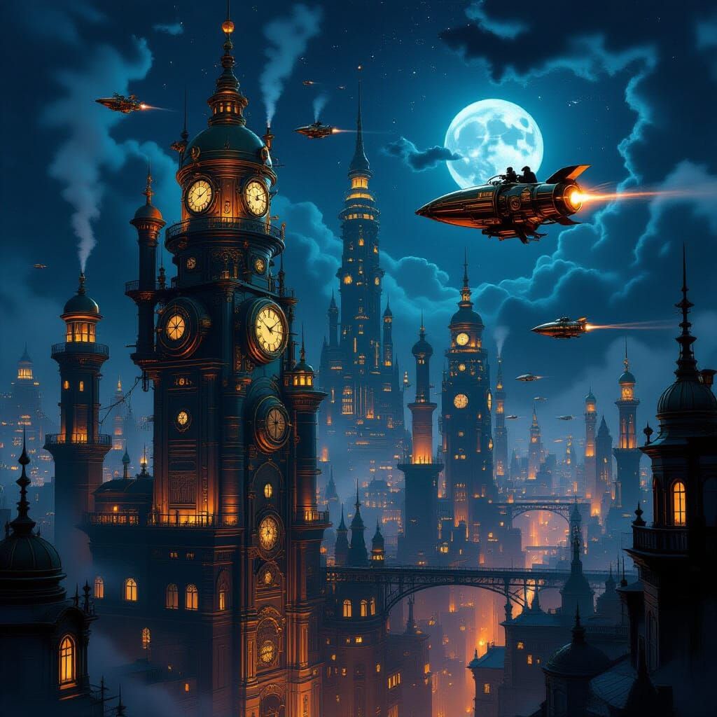 Steampunk Cityscape at Night with Flying Vehicles