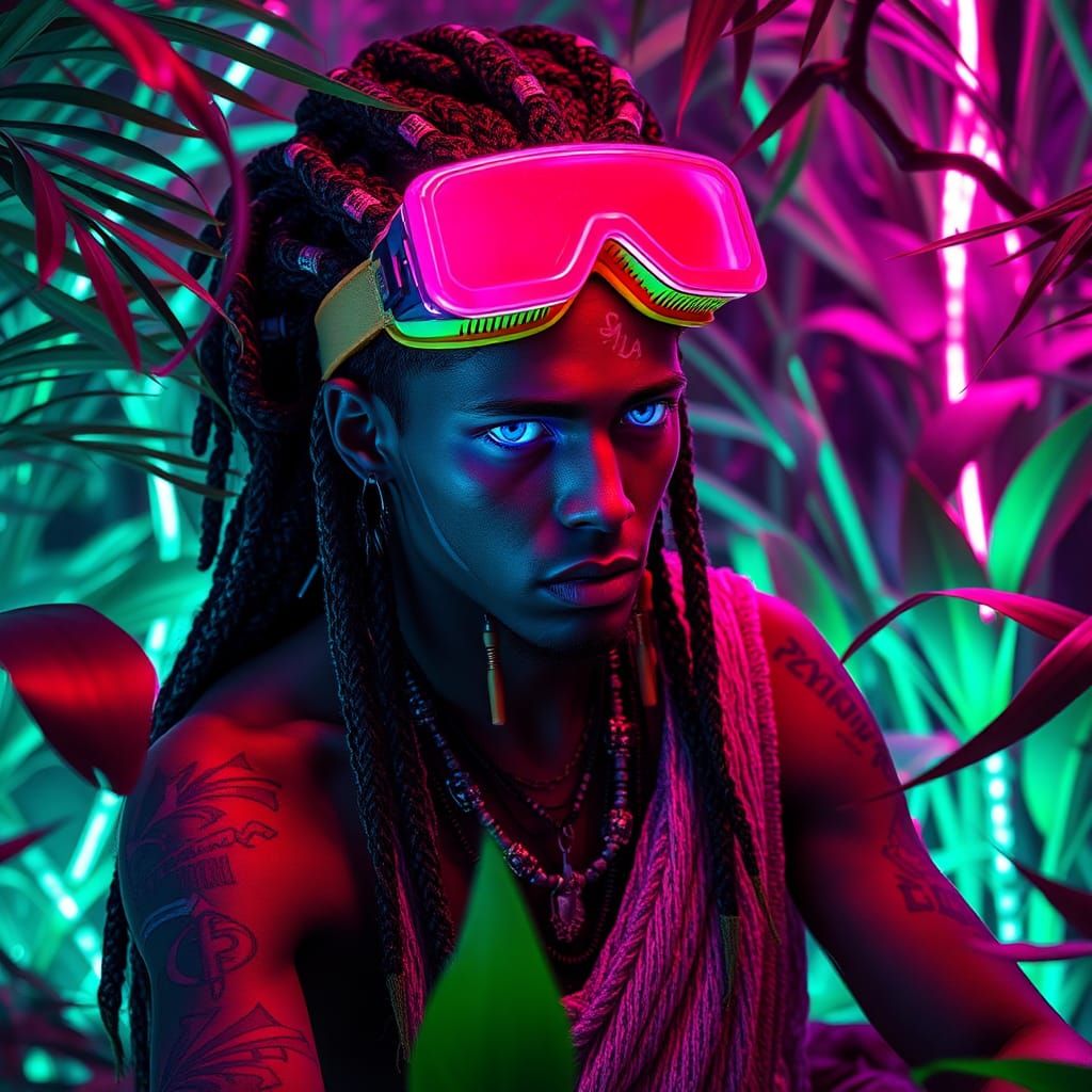Cyberpunk Shaman in Neon Jungle, Futuristic Portrait