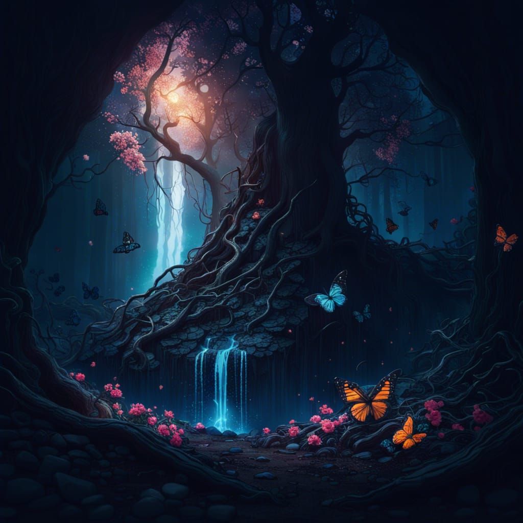 Surreal Dark Forest with Underground Waterfall