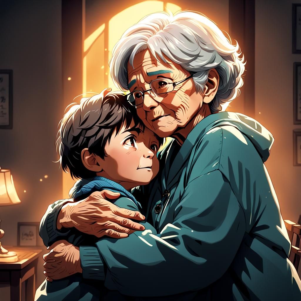 Anime Style: Grandmother and Grandson Hug