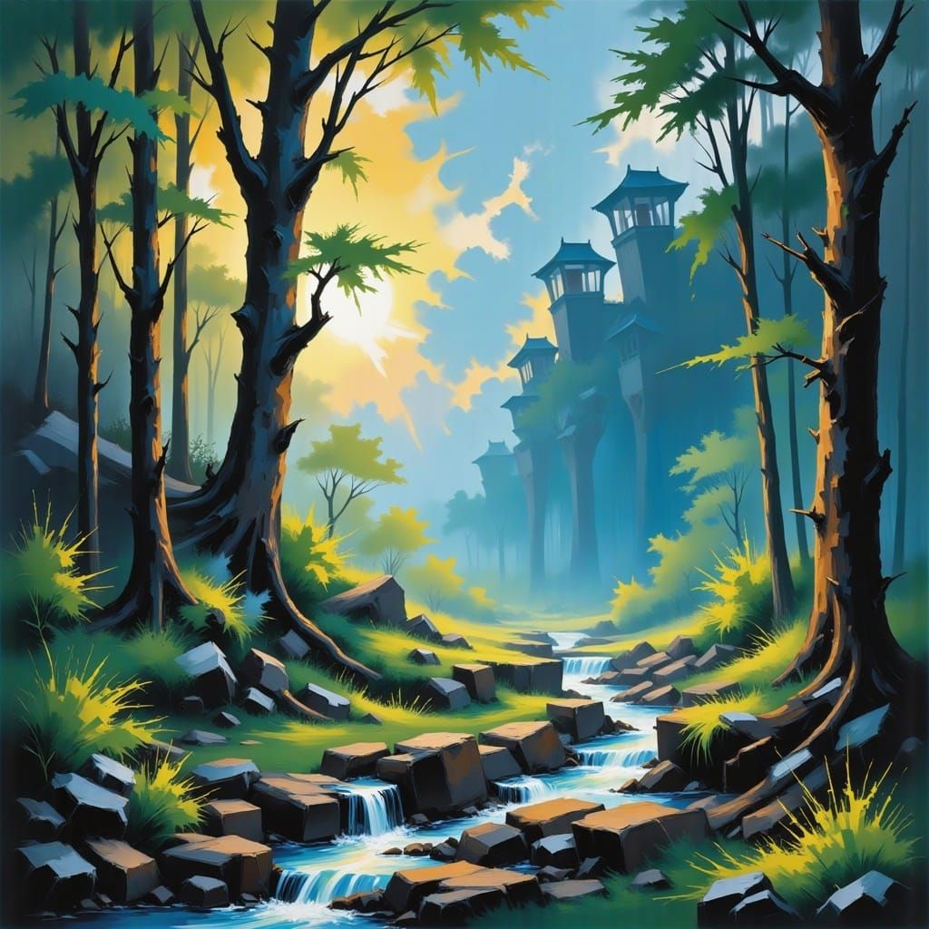 Whimsical Forest Scene in Fantasy Digital Art Style