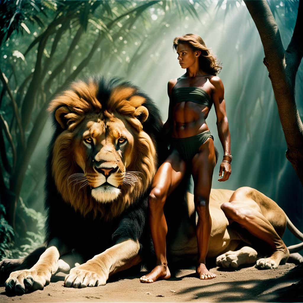 Female Tarzan and Lion in Kodachrome Style