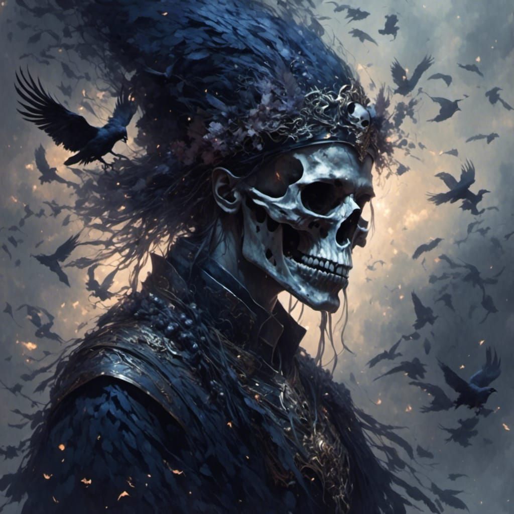 Dark Skull Elf with Ravens in Ethereal Mist