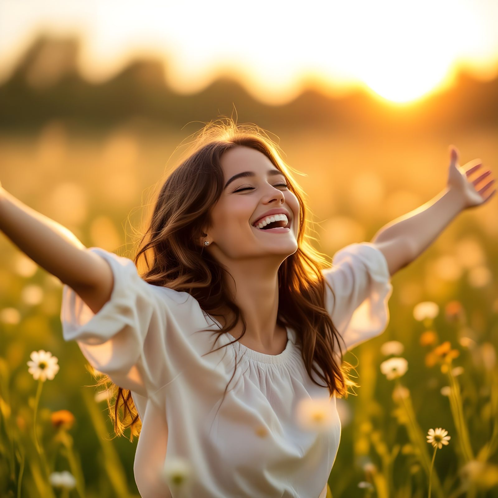 Joyful Person Laughing in Golden Hour Meadow