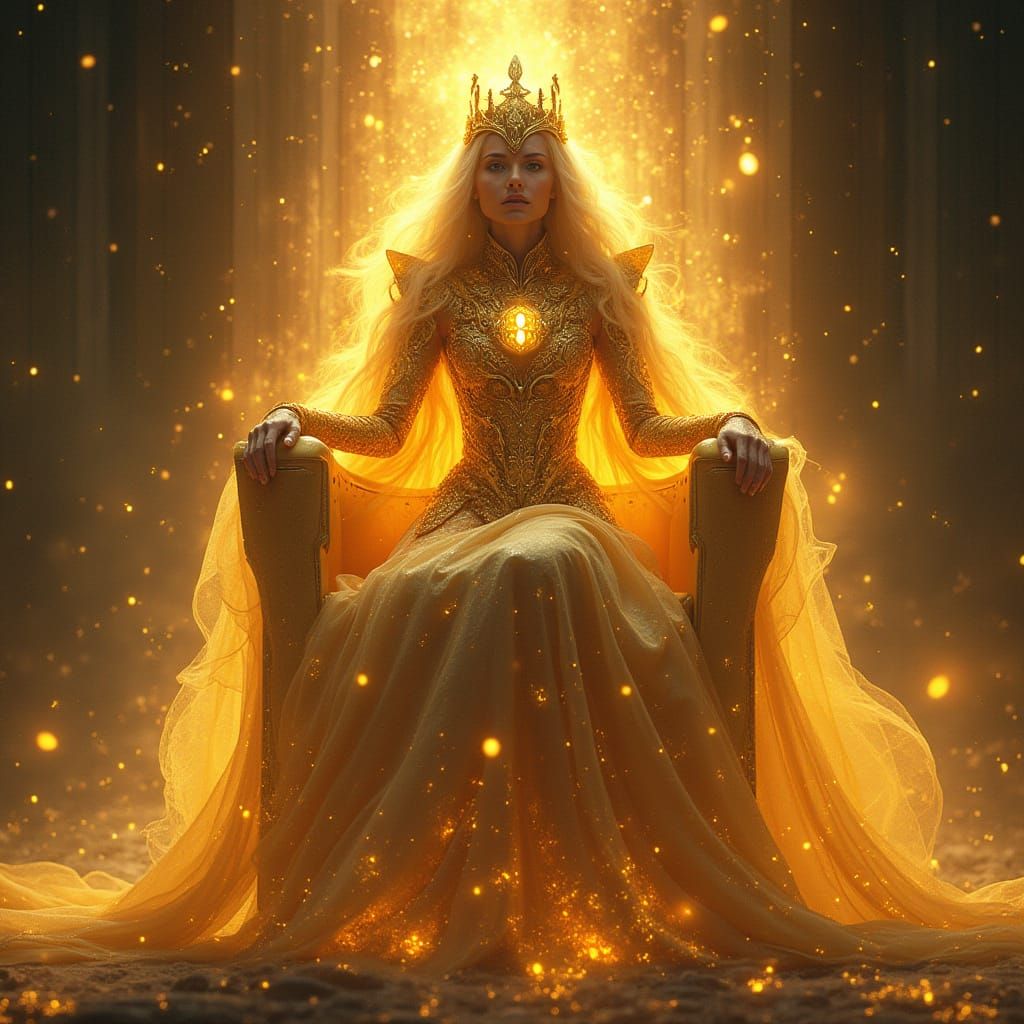 Futuristic Queen in Golden Armor on Light Throne