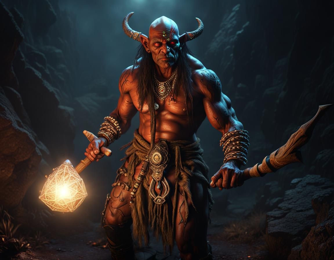 Half-Orc Shaman Casting Spell in Dark Cave