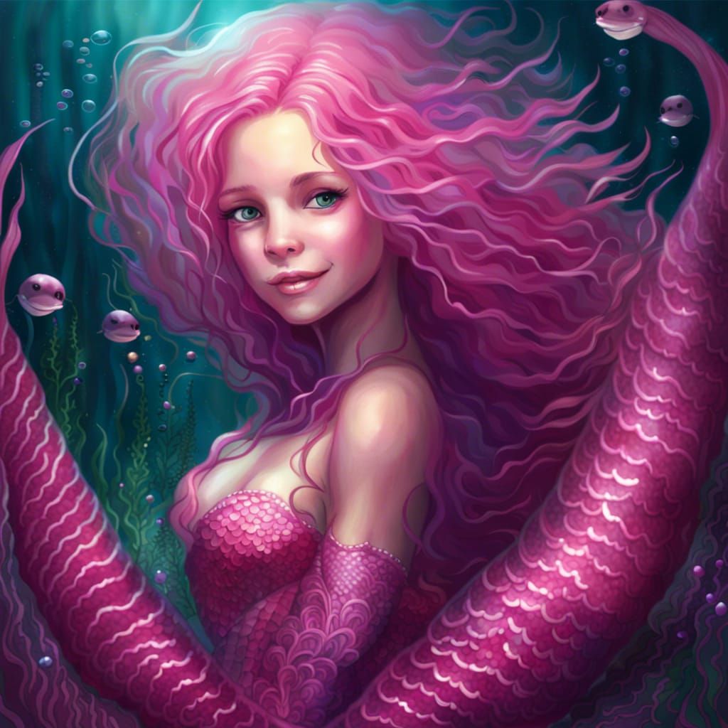 Pink Mermaid Smiling in a Shimmering Night Sea