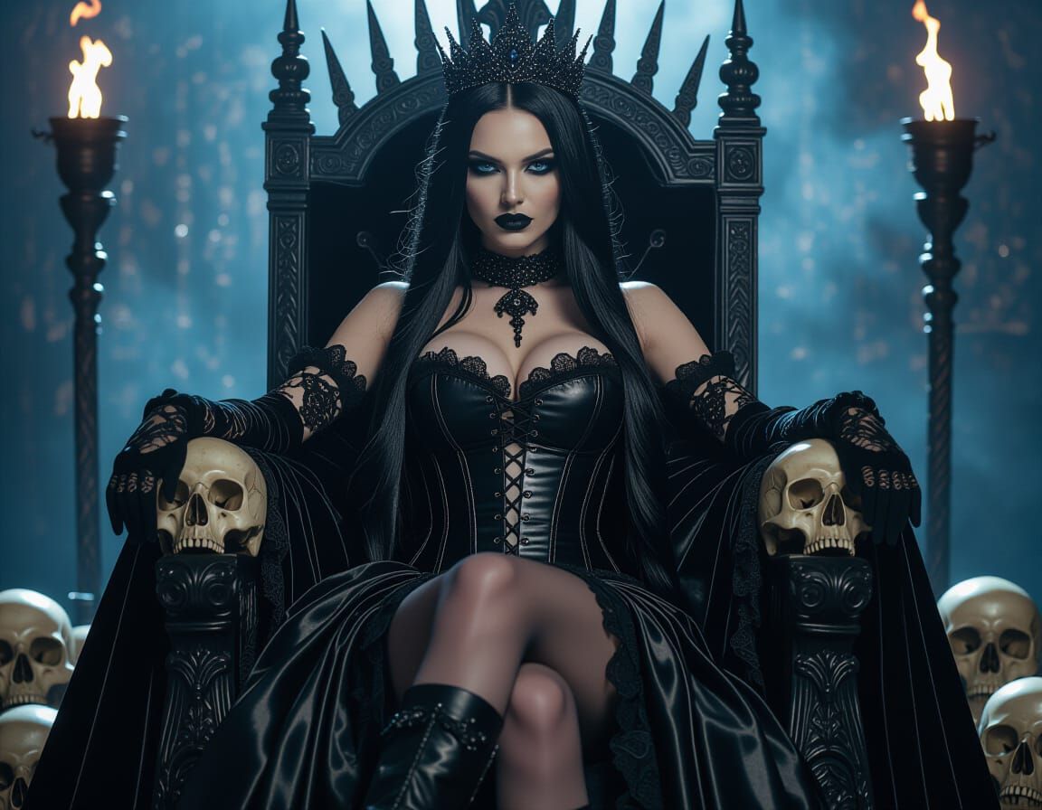 Goth Queen on Skull Throne in Dramatic Lighting