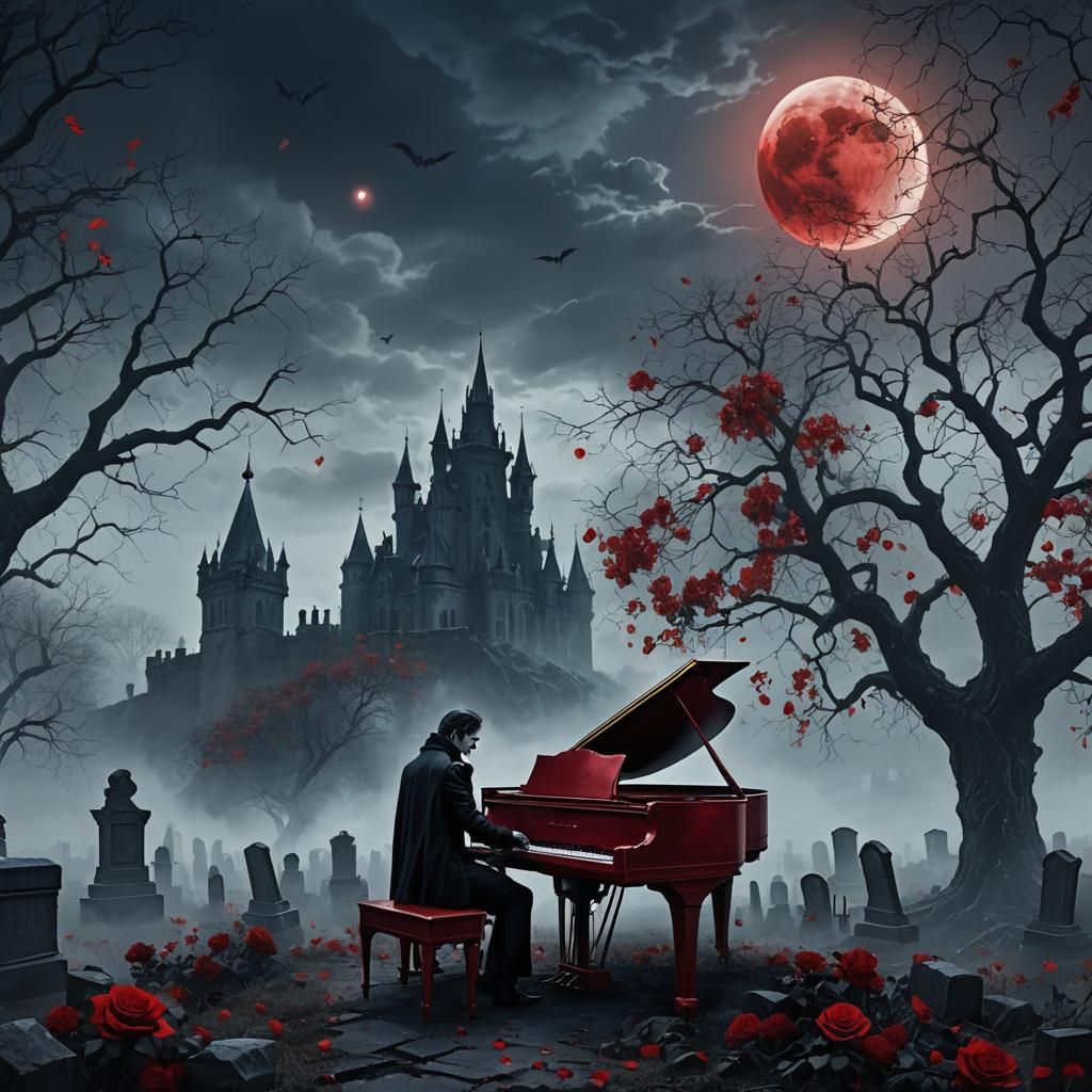 Vampire Pianist in Gothic Cemetery, Fantasy Art
