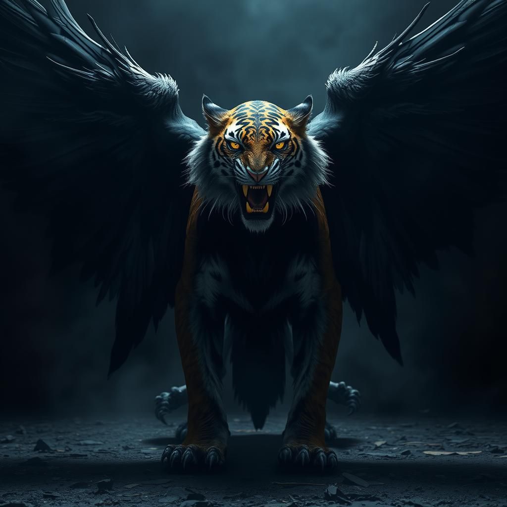 Majestic Tiger-Raven Hybrid in Gothic Style