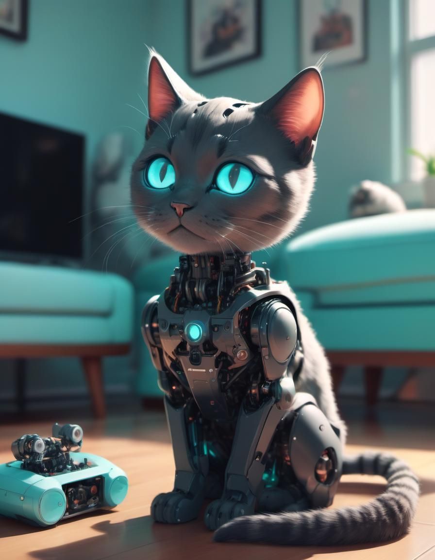 Adorable Robotic Cat in Living Room, Digital Art
