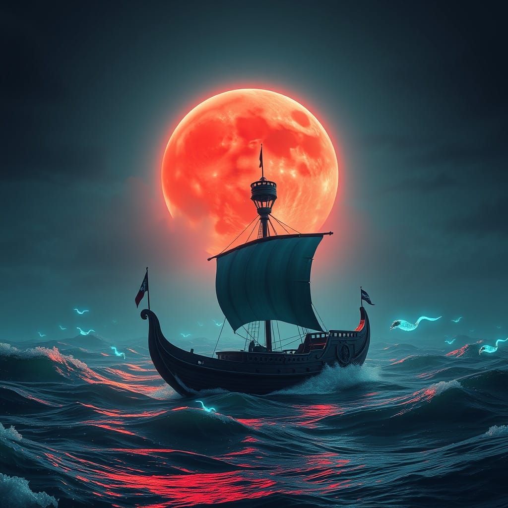 Blood Moon Majesty Over Bioluminescent Ocean