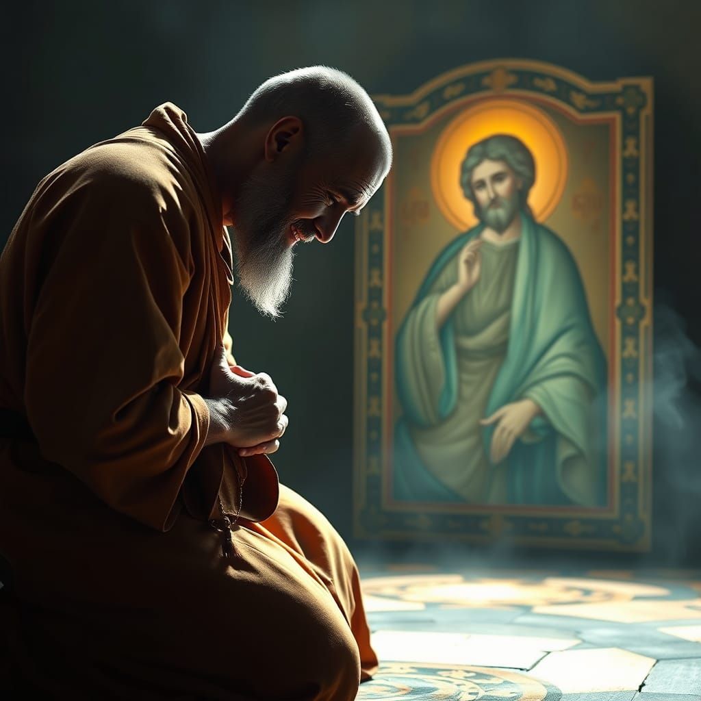 Monk in Reverence Before Holy Spirit Icon