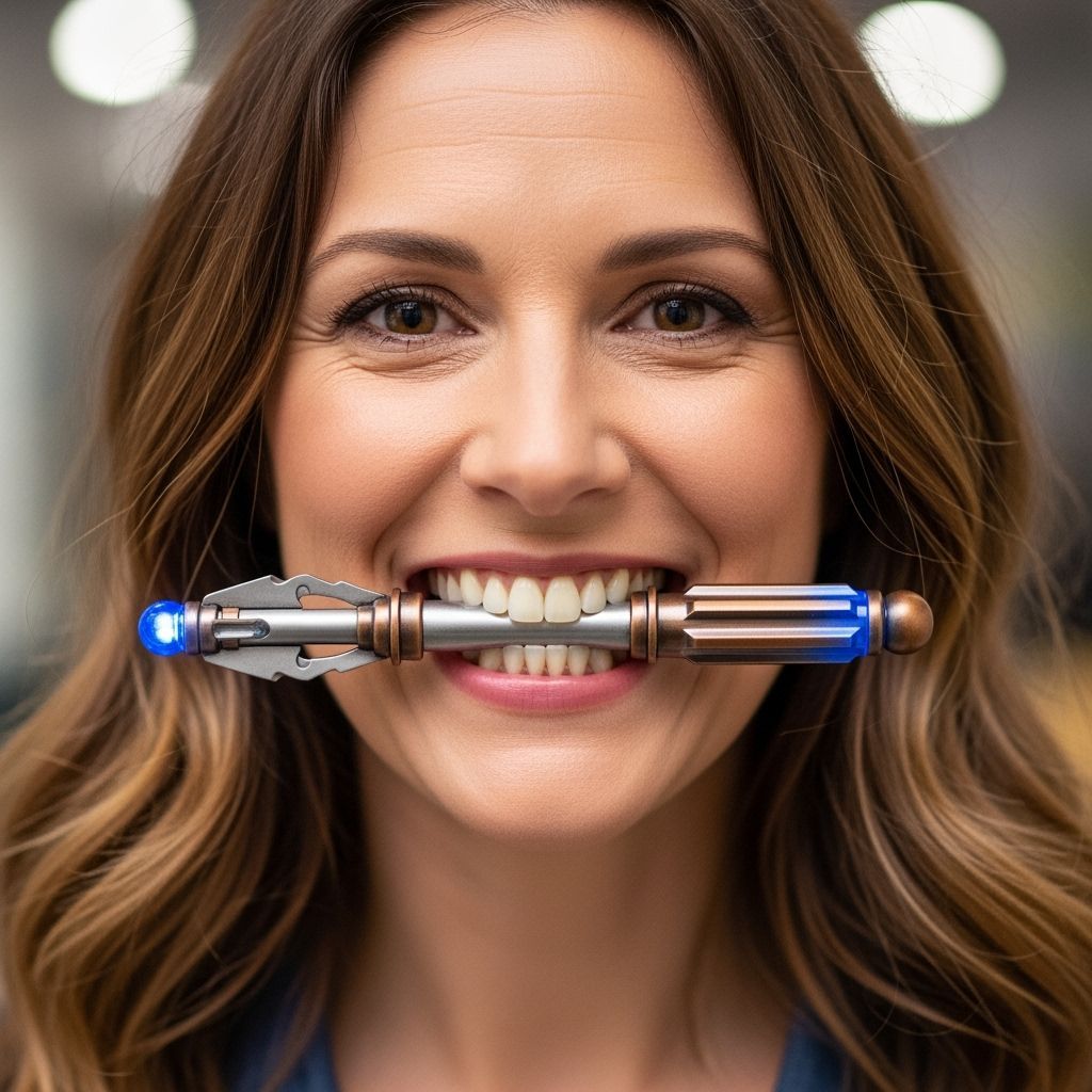 Woman Smiles with Sonic Screwdriver as Dental Accessory